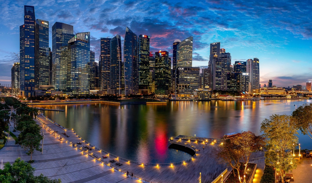 Небоскребы и гавань ночного Сингапура, Азия 