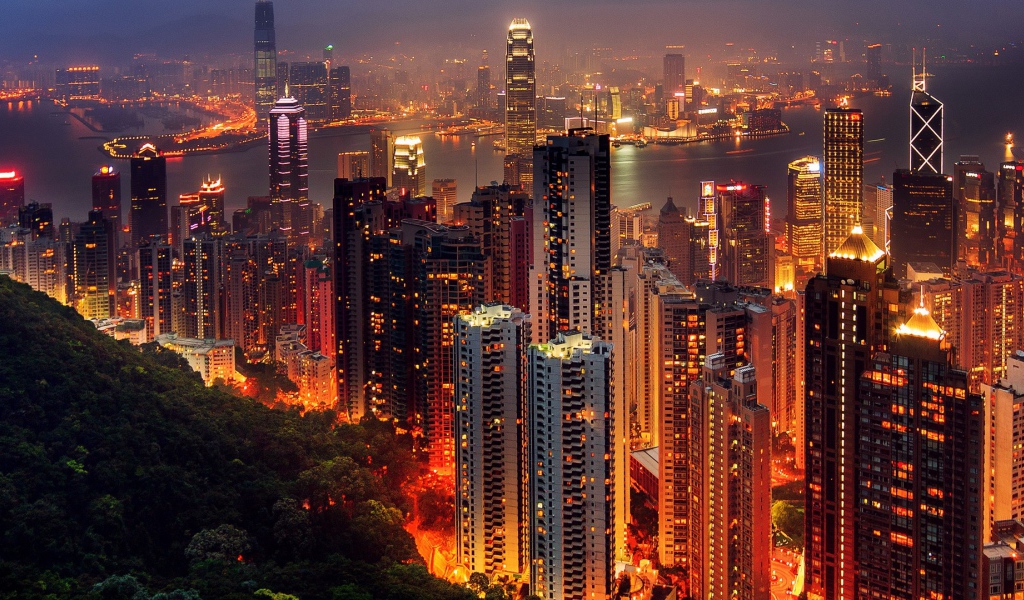 Вид на ночной Гонконг, Китай 