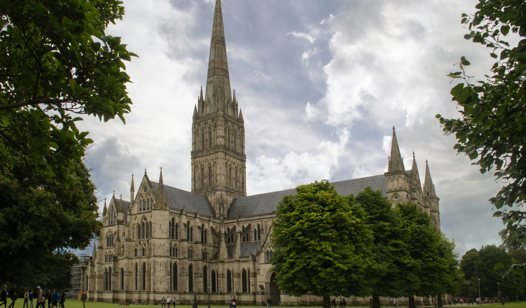 Ancient Salisbury cathedral against the sky, England