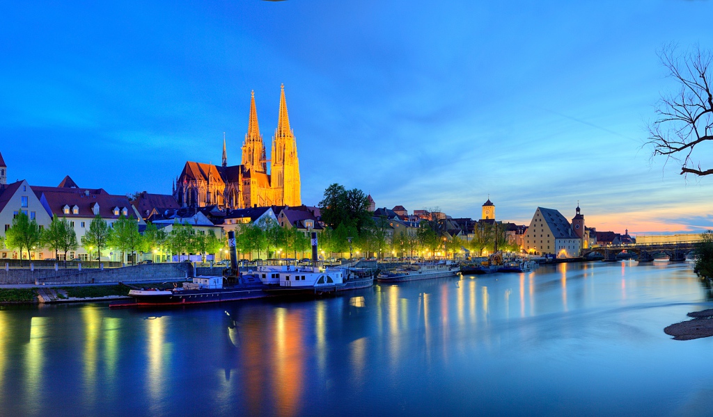 Night city Regensburg by the river, Germany