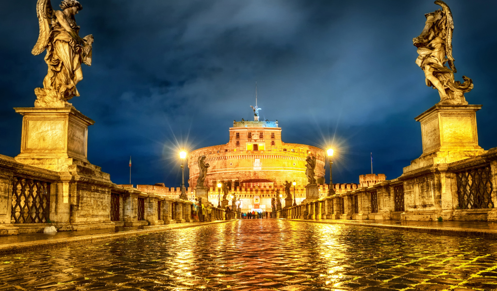 Красивый замок Святого Ангела вечером, Рим. Италия 