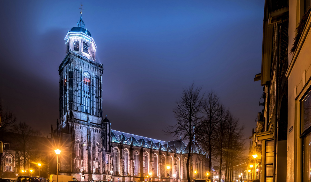 Temple in the light of street lamps on a night street in Deventer, Netherlands