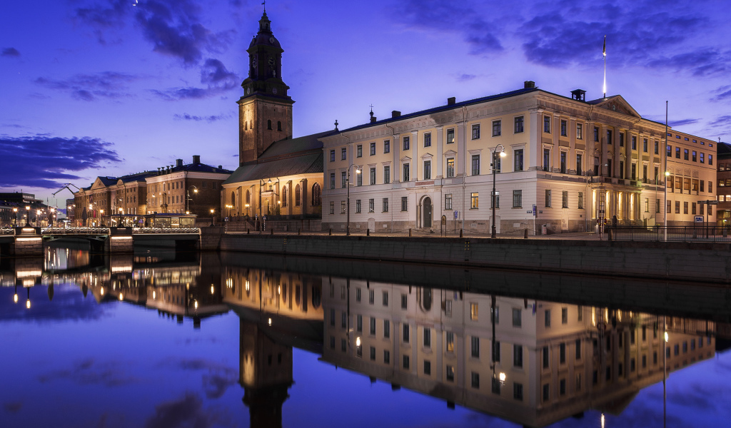 Beautiful old building in the city of Gothenburg reflected in the river, Sweden