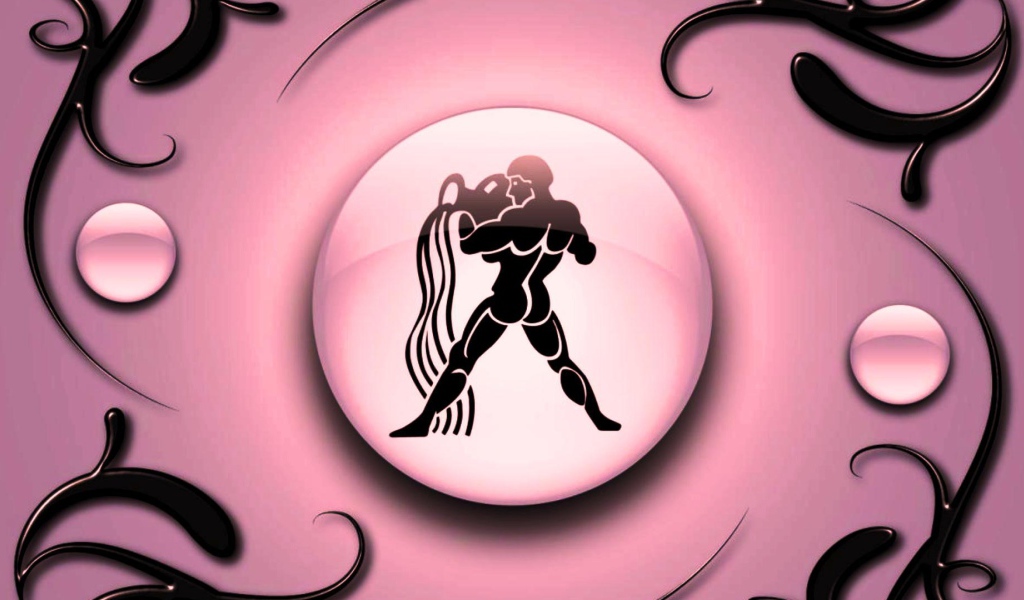 Знак зодиака Водолей на  розовом фоне с чёрным орнаментом 