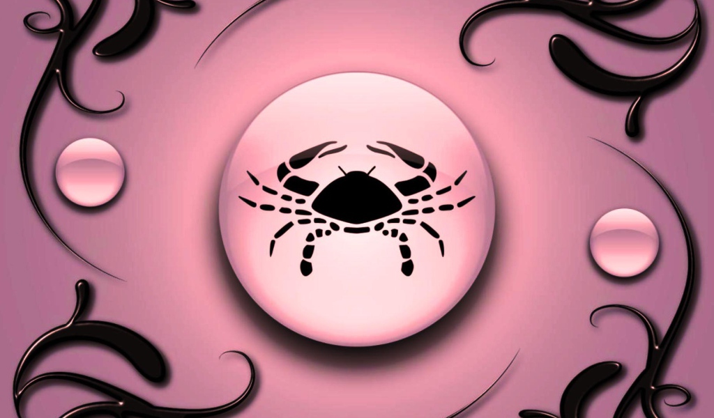 Знак зодиака Рак на  розовом фоне с чёрным орнаментом 