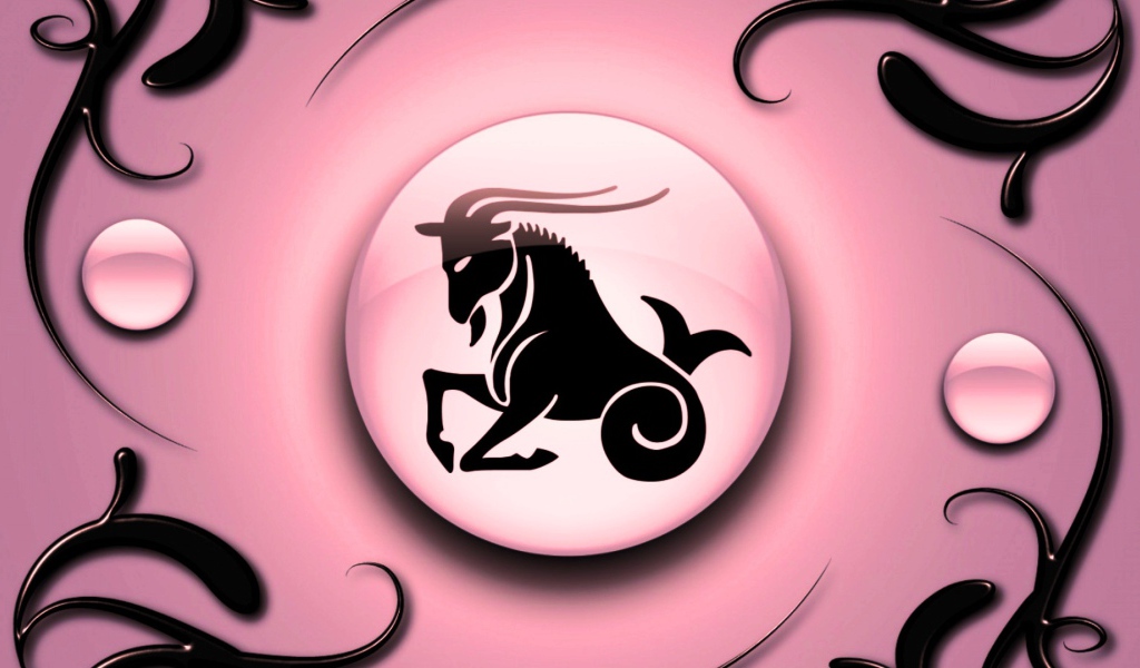 Знак зодиака Козерог на  розовом фоне с чёрным орнаментом 