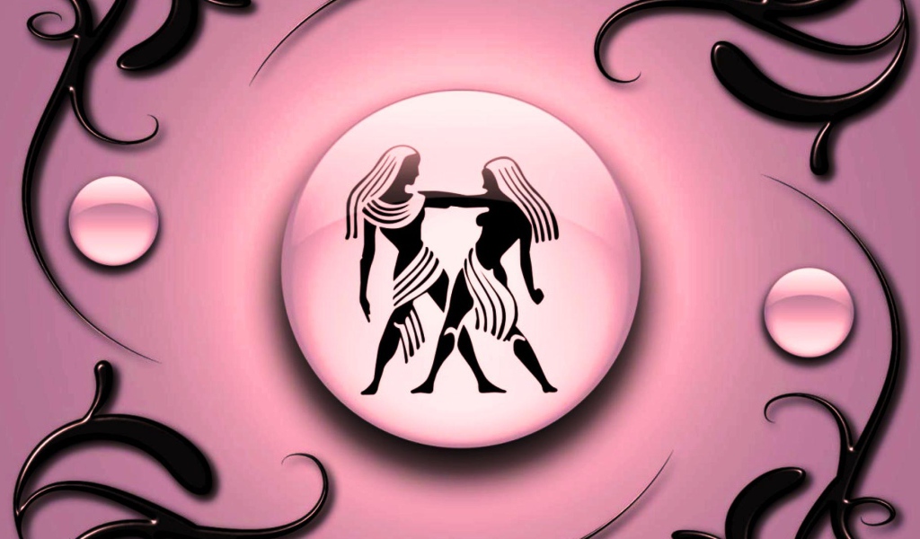 Знак зодиака Близнецы на  розовом фоне с чёрным орнаментом  