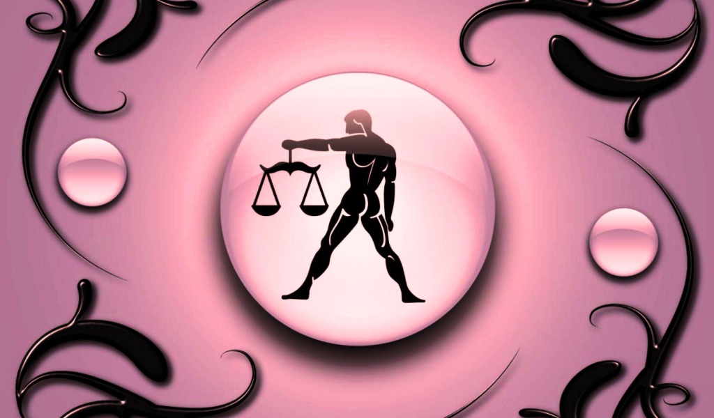 Знак зодиака Весы на  розовом фоне с чёрным орнаментом 