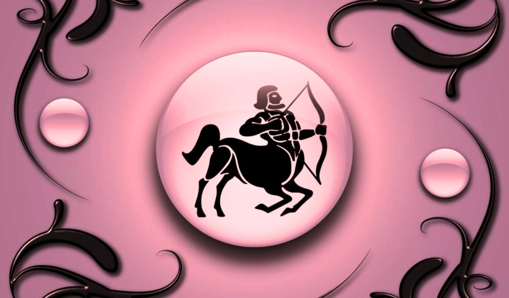 Знак зодиака Стрелец на  розовом фоне с чёрным орнаментом 