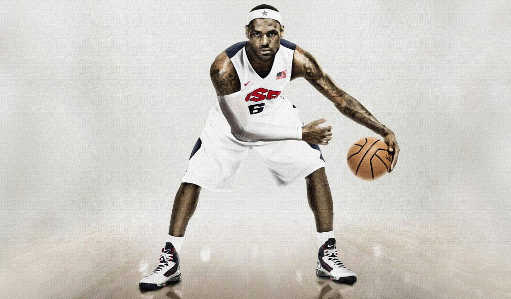 Баскетболист  Джеймс Леброн с мячом 