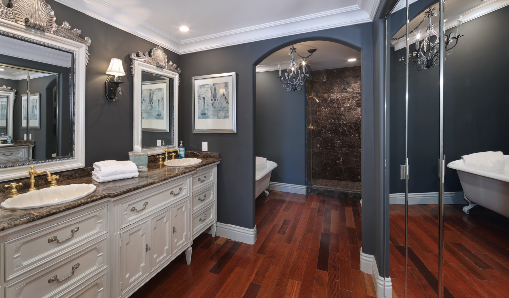 Красивая ванная комната в серо - пастельных тонах