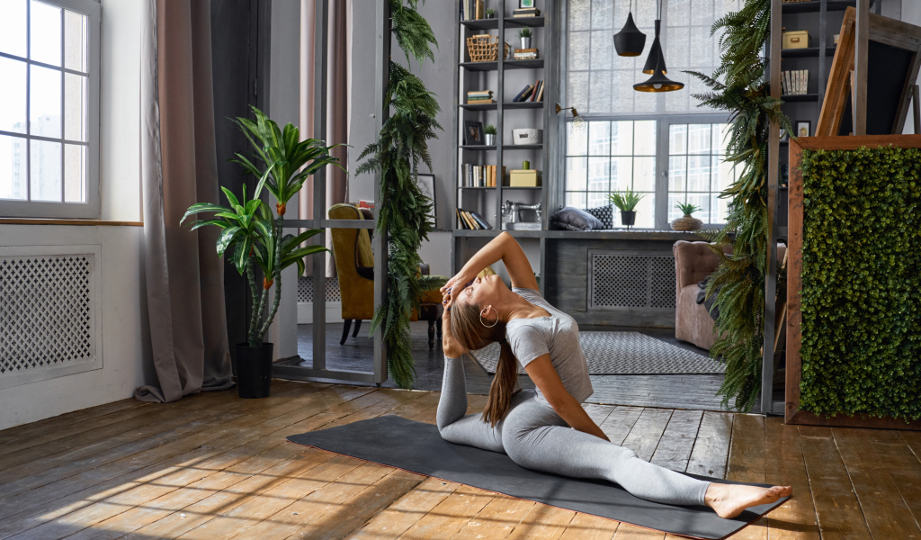 Красивая спортивная девушка шатенка занимается фитнесом