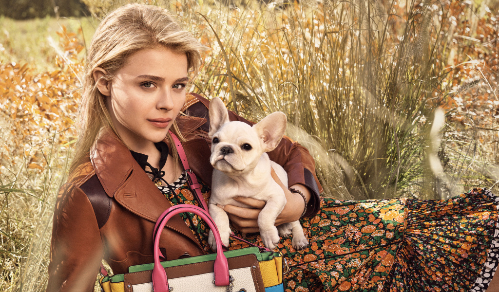 Красивая молодая актриса Хлоя Грейс Морец с собакой 