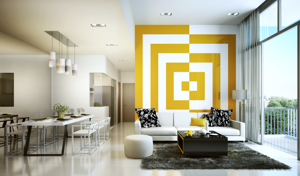 Светлая гостиная с большим окном на балкон