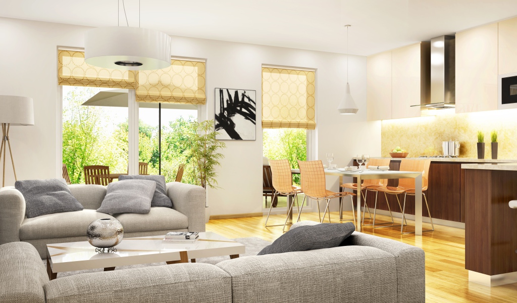 Столовая комната с диванами и большим телевизором