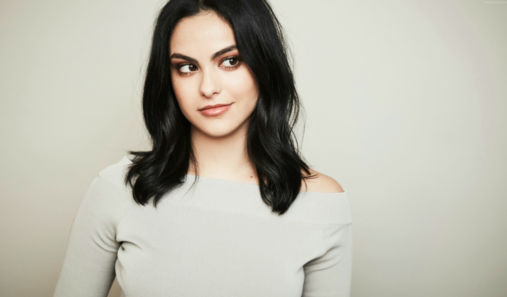 Девушка брюнетка актриса Камила Мендес фото на сером фоне