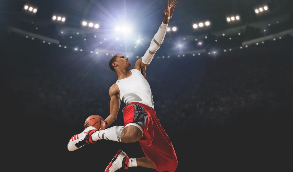 Прыжок с мячом баскетболиста Деррика Роуза 