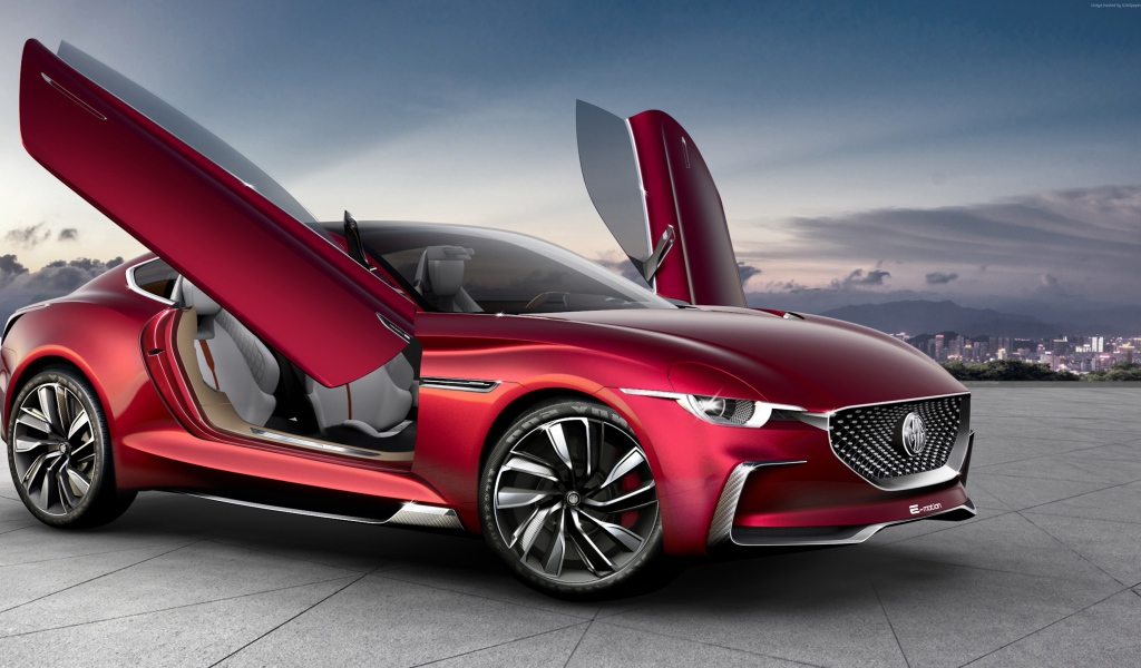 Бордовый электромобиль MG E-Motion с открытыми дверями
