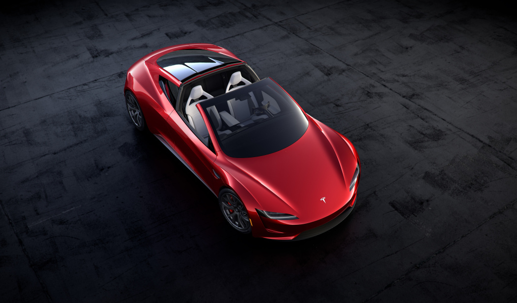 Красный автомобиль Tesla Roadster, 2020 вид сверху
