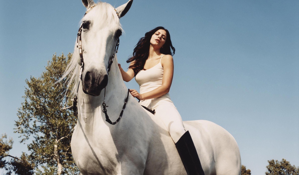 Молодая актриса Кэтрин Макфи на белой лошади 