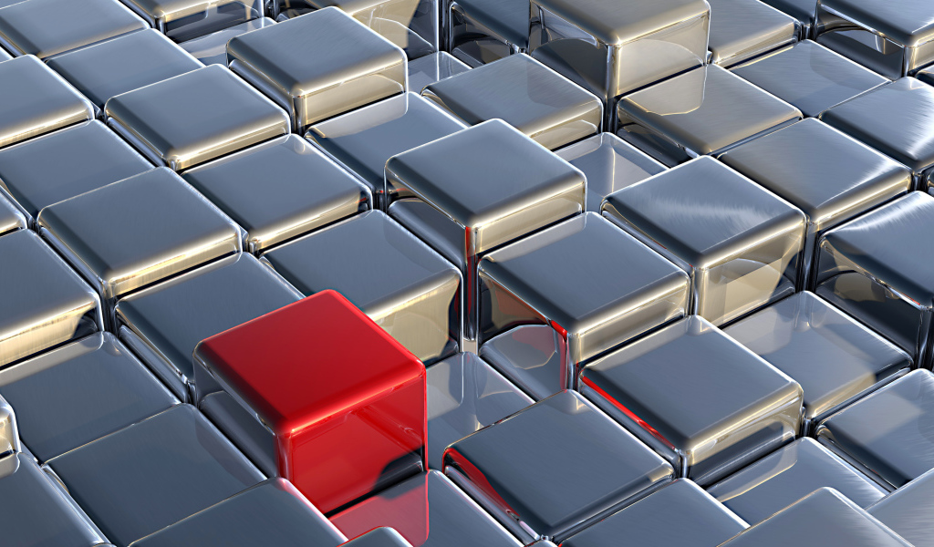 Красный куб среди серебристых, 3д графика