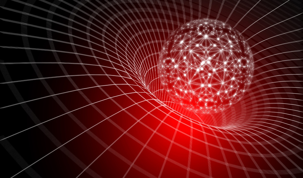 Светящийся белый шар погружается в воронку виртуальной сетки, 3д графика