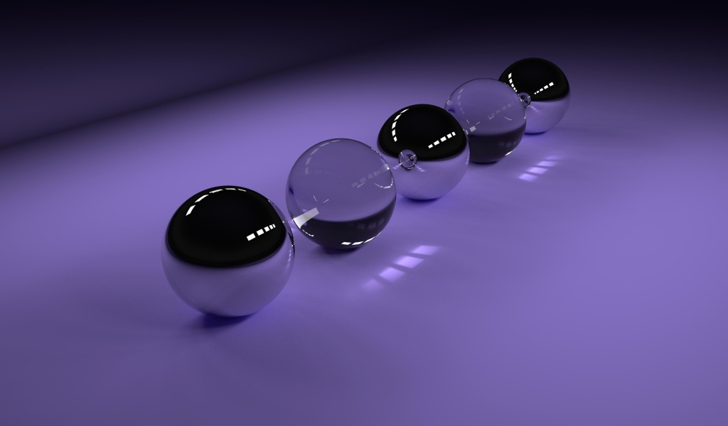 Прозрачные стеклянные шары на фиолетовом фоне, 3д графика