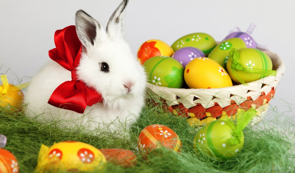 Пушистый белый декоративный кролик с корзиной пасхальных яиц