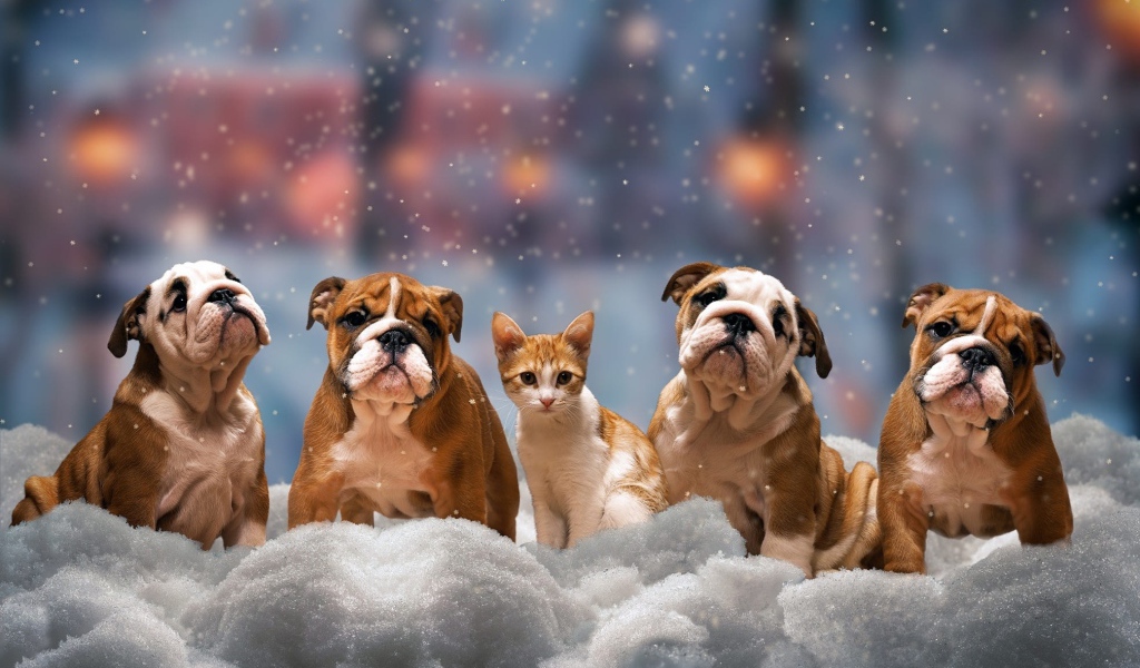 Четыре щенка бульдога и котенок на снегу