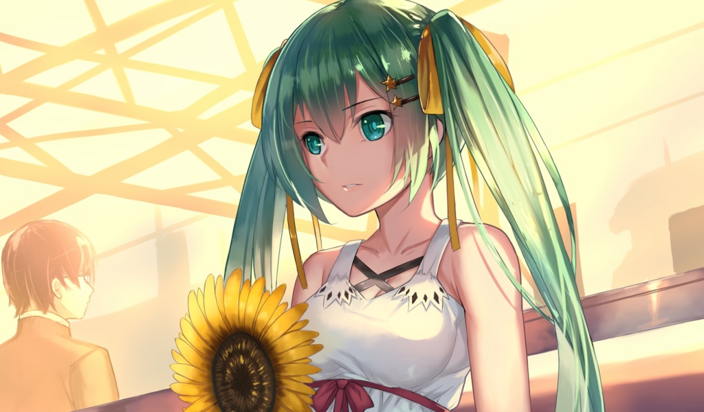 Девушка аниме Мику Хацунэ с подсолнухом в руках