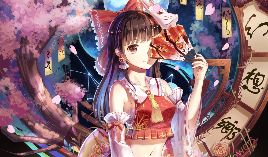 Девушка аниме Рейму Хакурей с веером в руке 