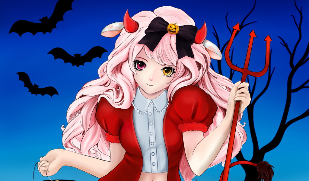 Девушка аниме в костюме на Хеллоуин с вилами