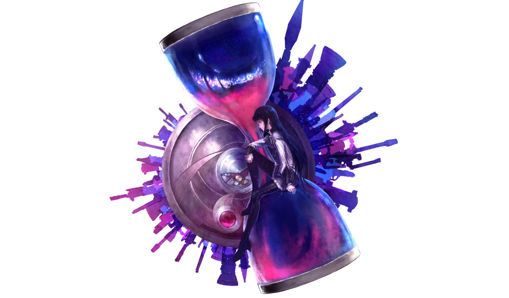 Девушка аниме сидит на больших песочных часах на белом фоне