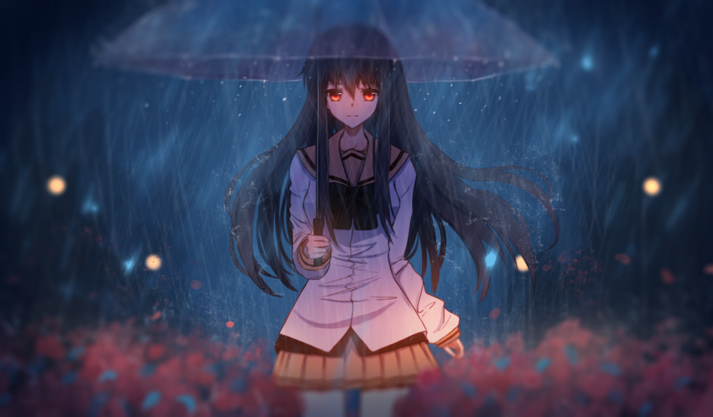 Anime girl under an umbrella in the rain
