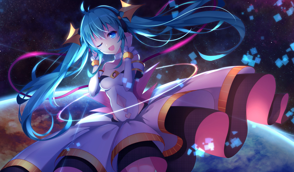 Девушка аниме с голубыми волосами Мику Хацунэ