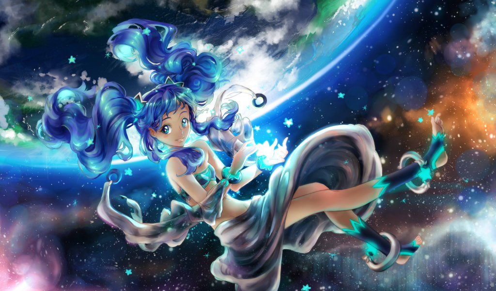 Девушка аниме с синими волосами парит в воздухе