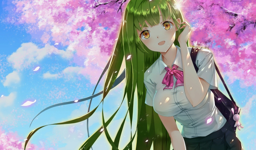 Девушка аниме с зелеными волосами и карими глазами