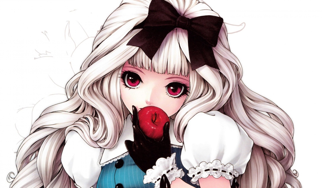 Девушка аниме с длинными белыми волосами с яблоком в руке