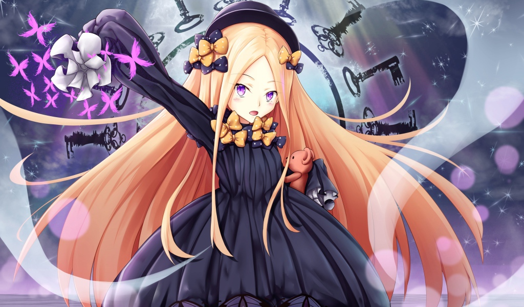 Девушка аниме с розовыми волосами в фиолетовом платье 