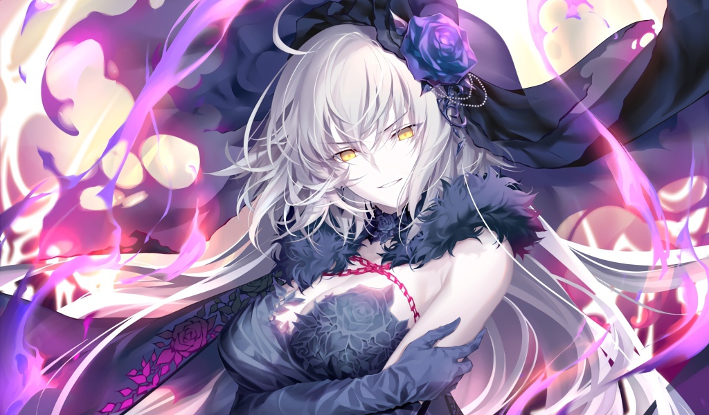 Девушка аниме с желтыми глазами в черной фате