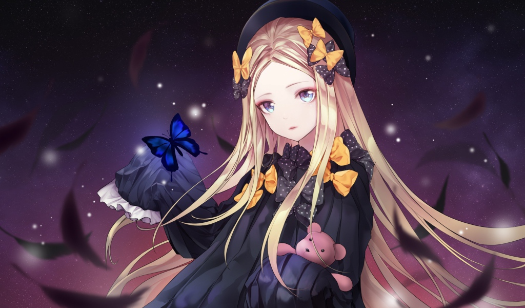 Красивая девушка аниме с бантиками в длинных волосах 