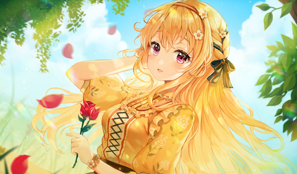 Красивая рыжеволосая девушка аниме с розой в руке