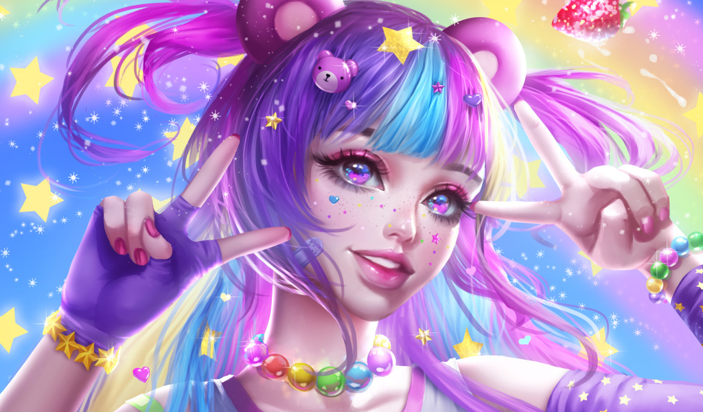 Яркая девушка аниме с фиолетовыми волосами