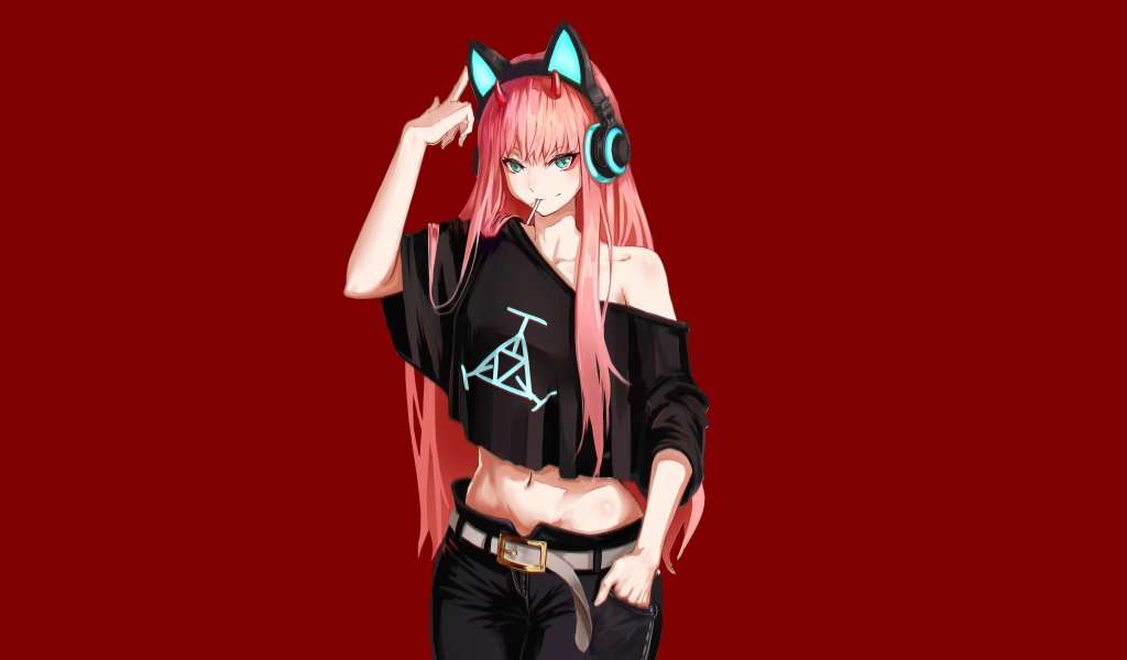 Девушка с розовыми волосами в наушниках аниме Zero Two
