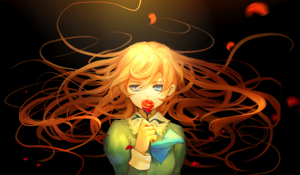 Рыжеволосая девушка аниме с розой в руках