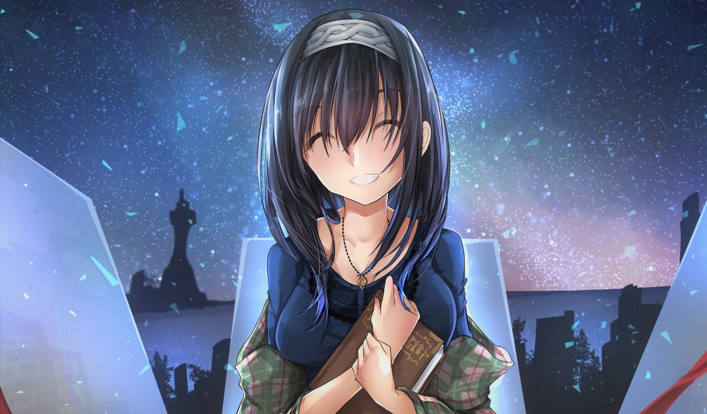 Улыбающаяся девушка аниме с книгой в руках