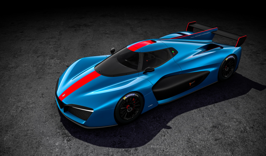 Голубой гоночный автомобиль Pininfarina H2 Speed Front 2018