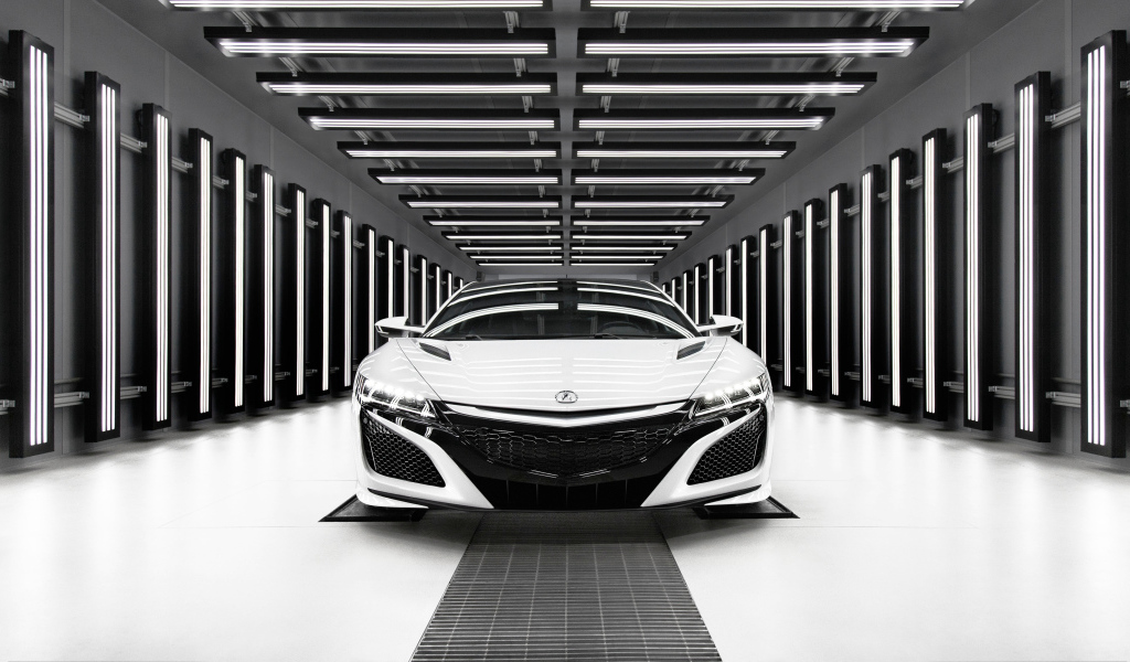 Белый автомобиль Acura NSX, 2019  вид спереди