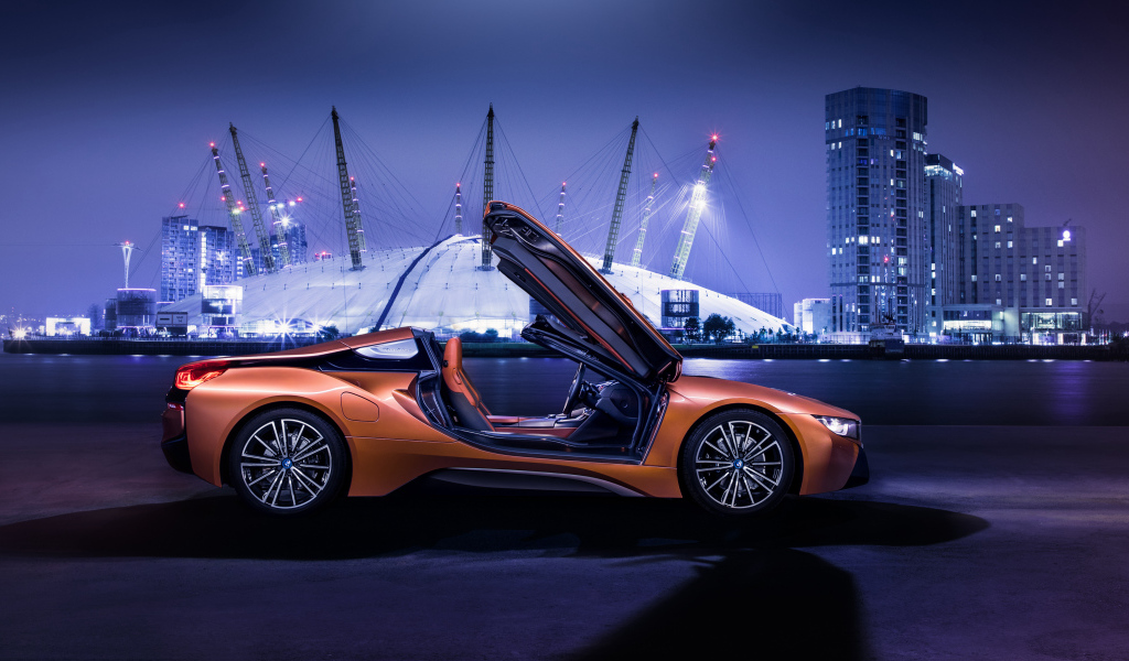 Sports car BMW I8 Roadster, 2018 with open doors