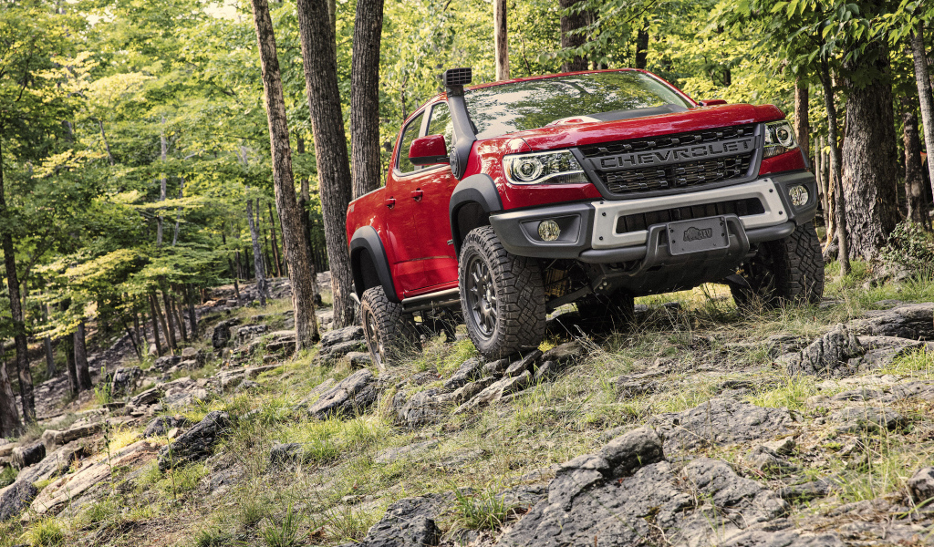 Красный внедорожник Chevrolet Colorado ZR2 Bison, 2019 года в лесу